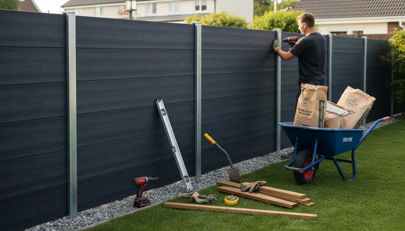 Opsætning af antracit komposithegn med galvaniserede stolper og værktøj i forgrunden.