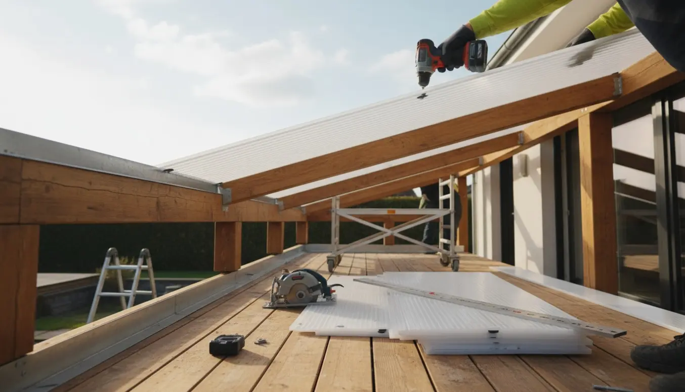 Montage af opal trapezplader på terrassetag med boremaskine og værktøj, uden synlige ansigter.