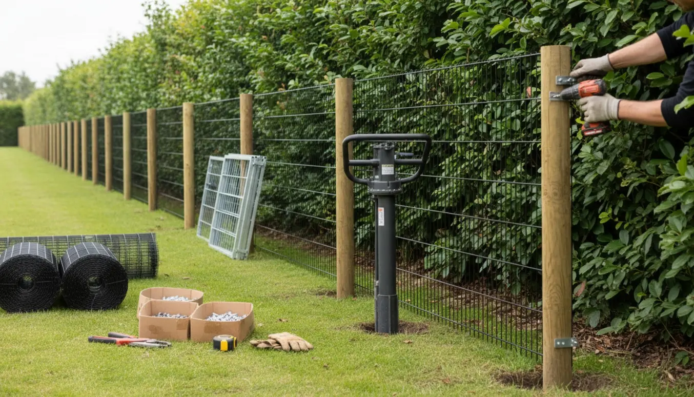 Opsætning af 180 cm højt trådhegn langs en hæk med runde stolper, to låger og værktøj i forgrunden.
