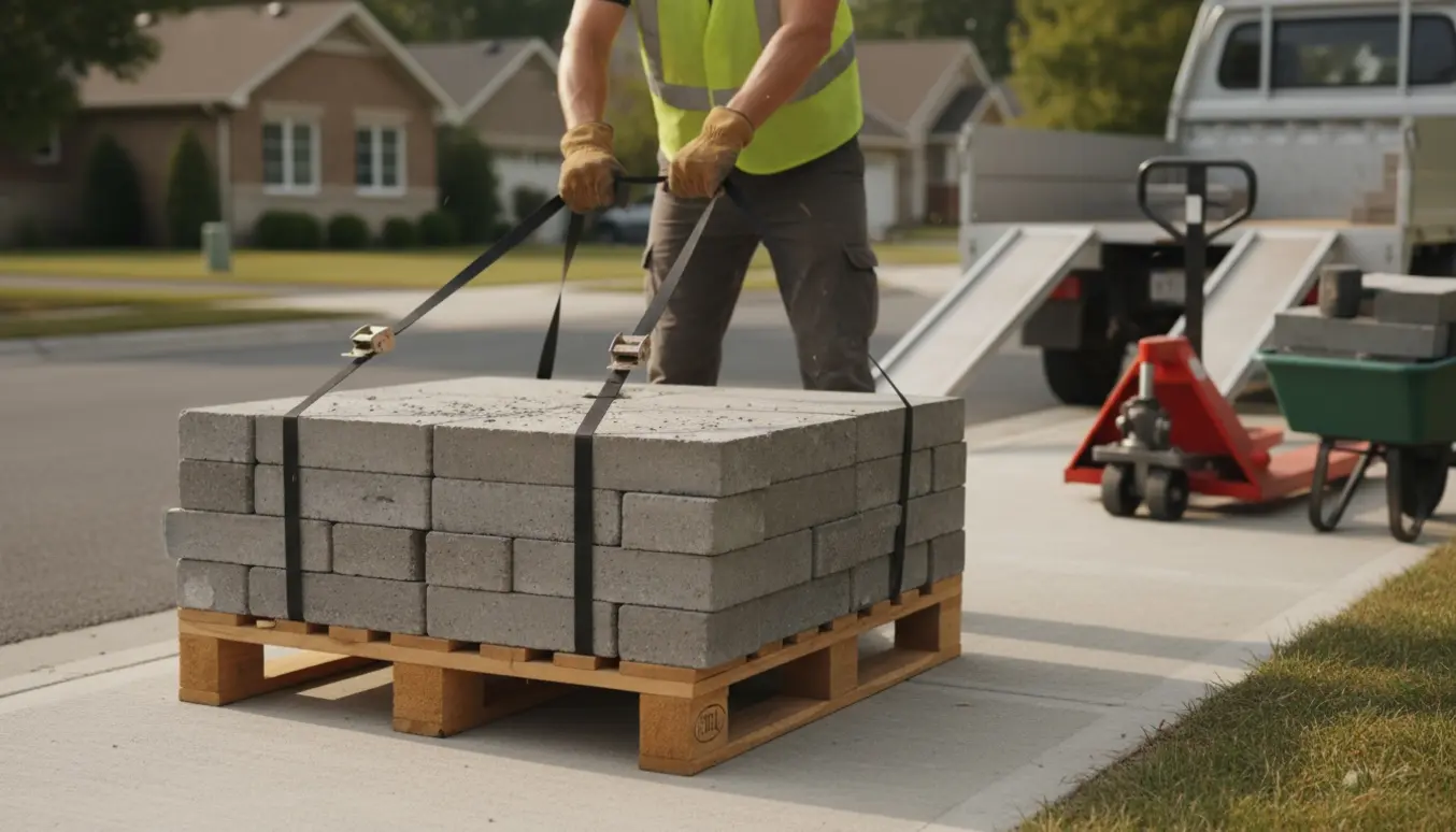 Bunker af betonfliser på fortovet ved en åben ladbil, en arbejder sikrer dem med stropper.