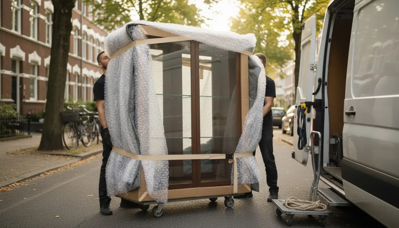 Flyttemænd løfter et glasvitrineskab ind i en flyttebil med bobleplast og flyttetæpper.