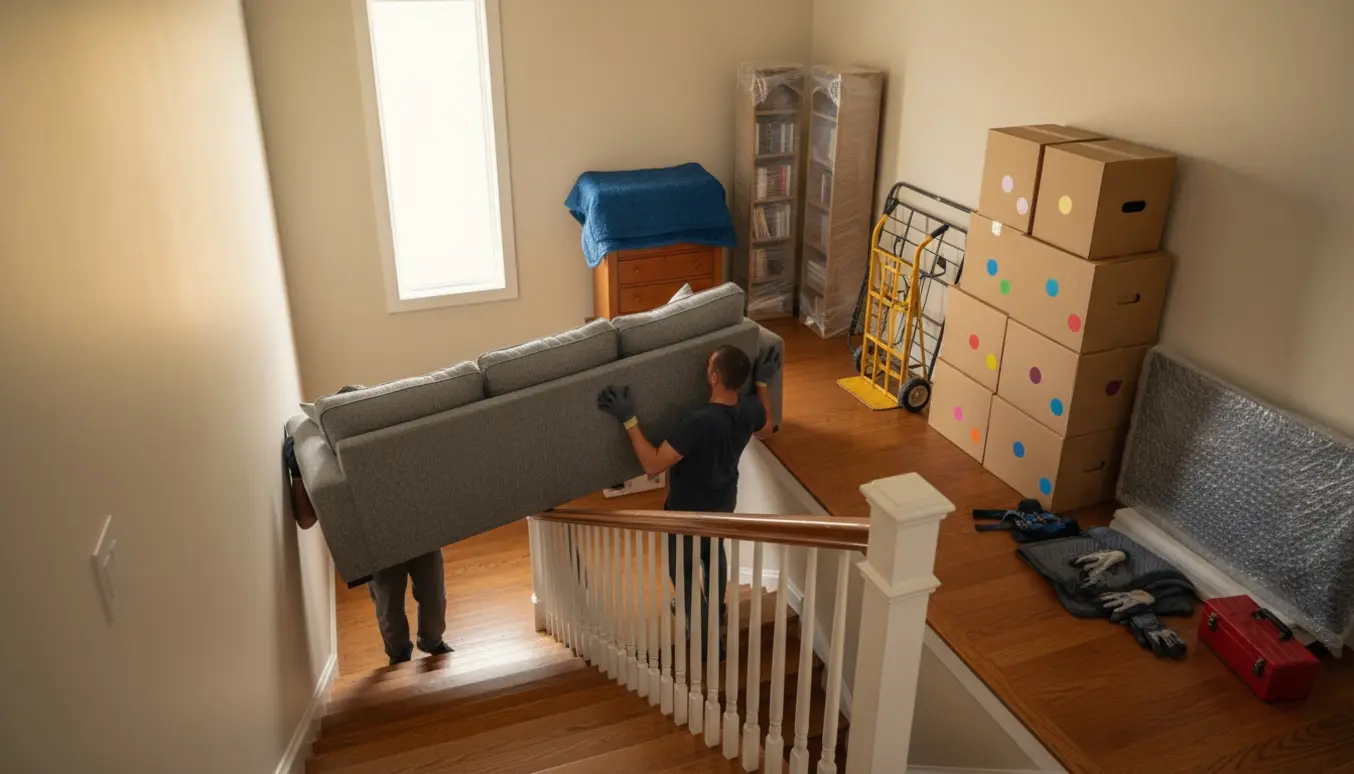 Flyttescene med flyttefolk, en sofa bæres op ad trappen til 2. sal, pakke- og beskyttelsesudstyr på reposen.