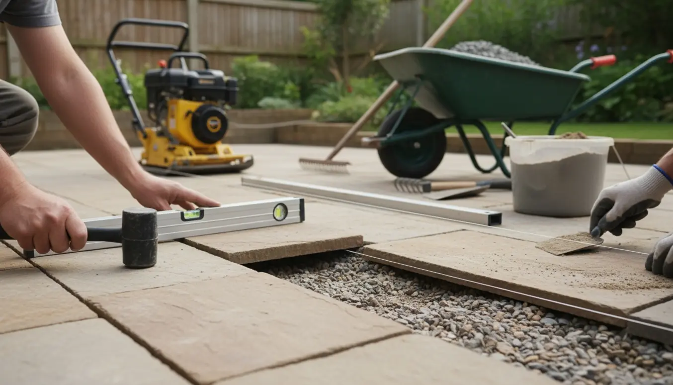 Nærbillede af genanlæggelse og nivellering af havefliser med synligt grusunderlag og værktøj.