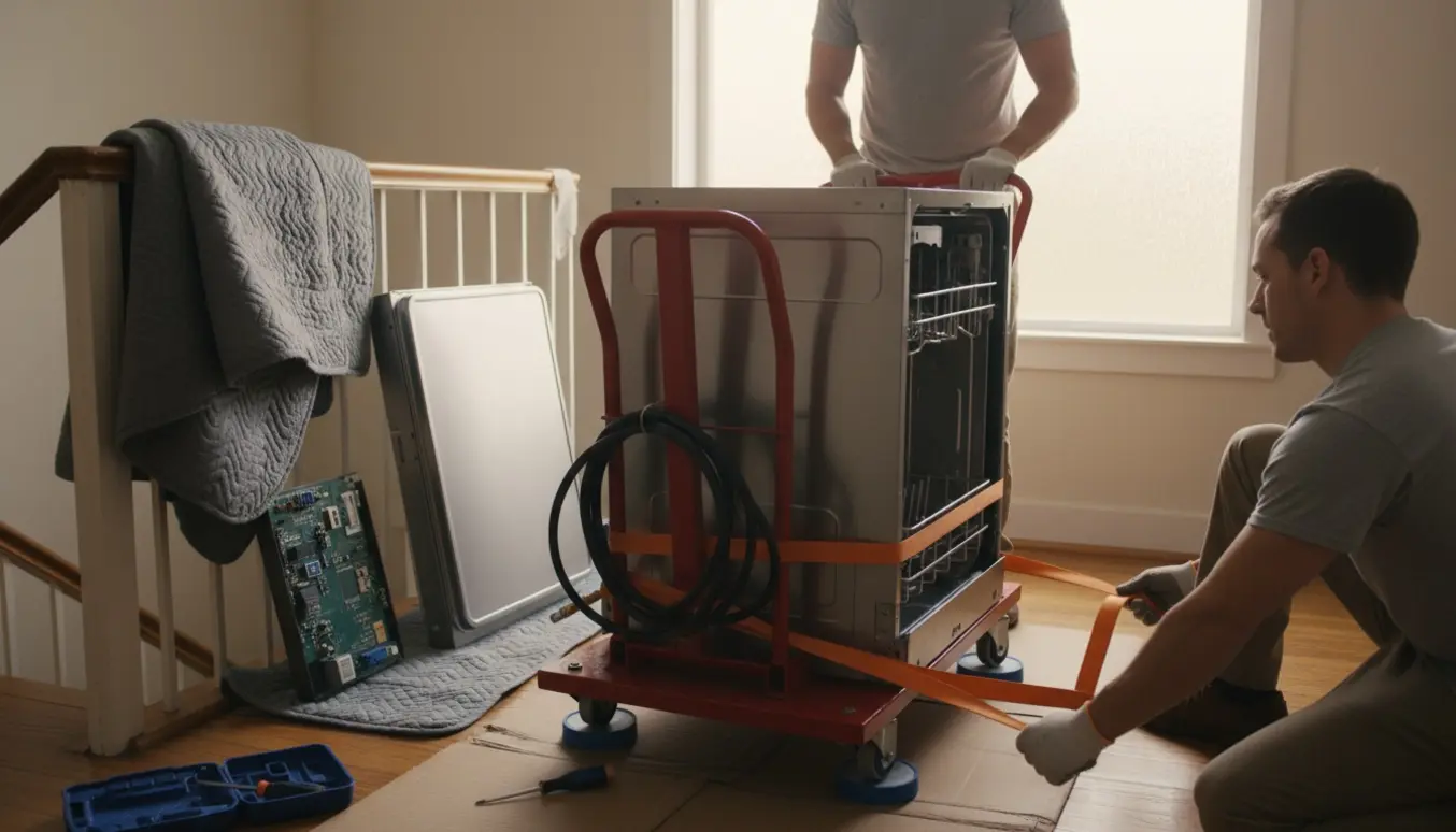 Demonteret opvaskemaskine på flyttetralle i en trappeopgang på 2. sal, klar til flytning.