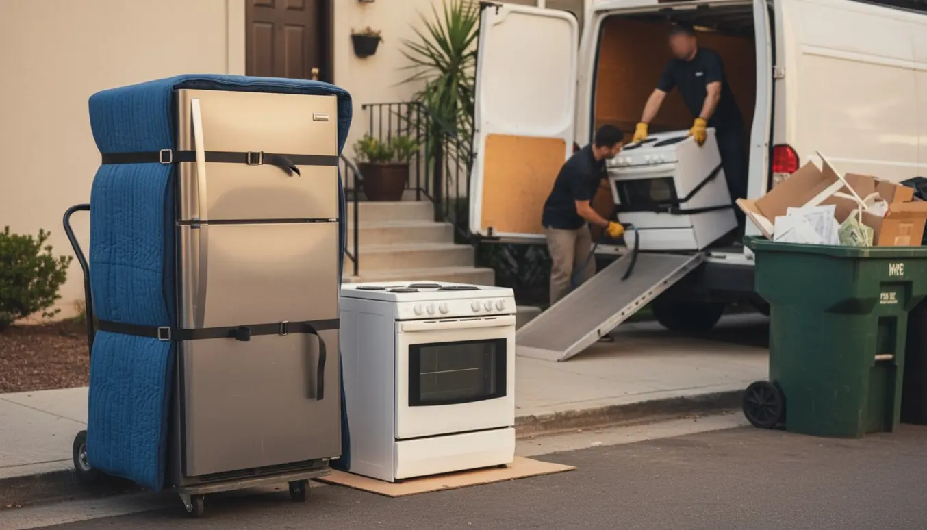 Køleskab og ovn på møbeltralle ved varevogn og storskraldsbeholder på fortovet.