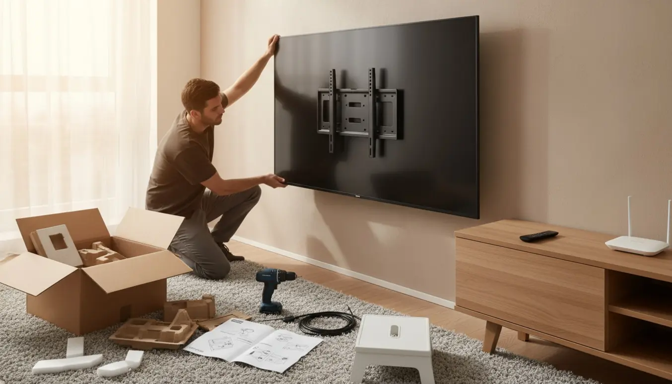 Installation af et nyt fladskærms-tv på væggen med værktøj og åben emballage i en lys stue.
