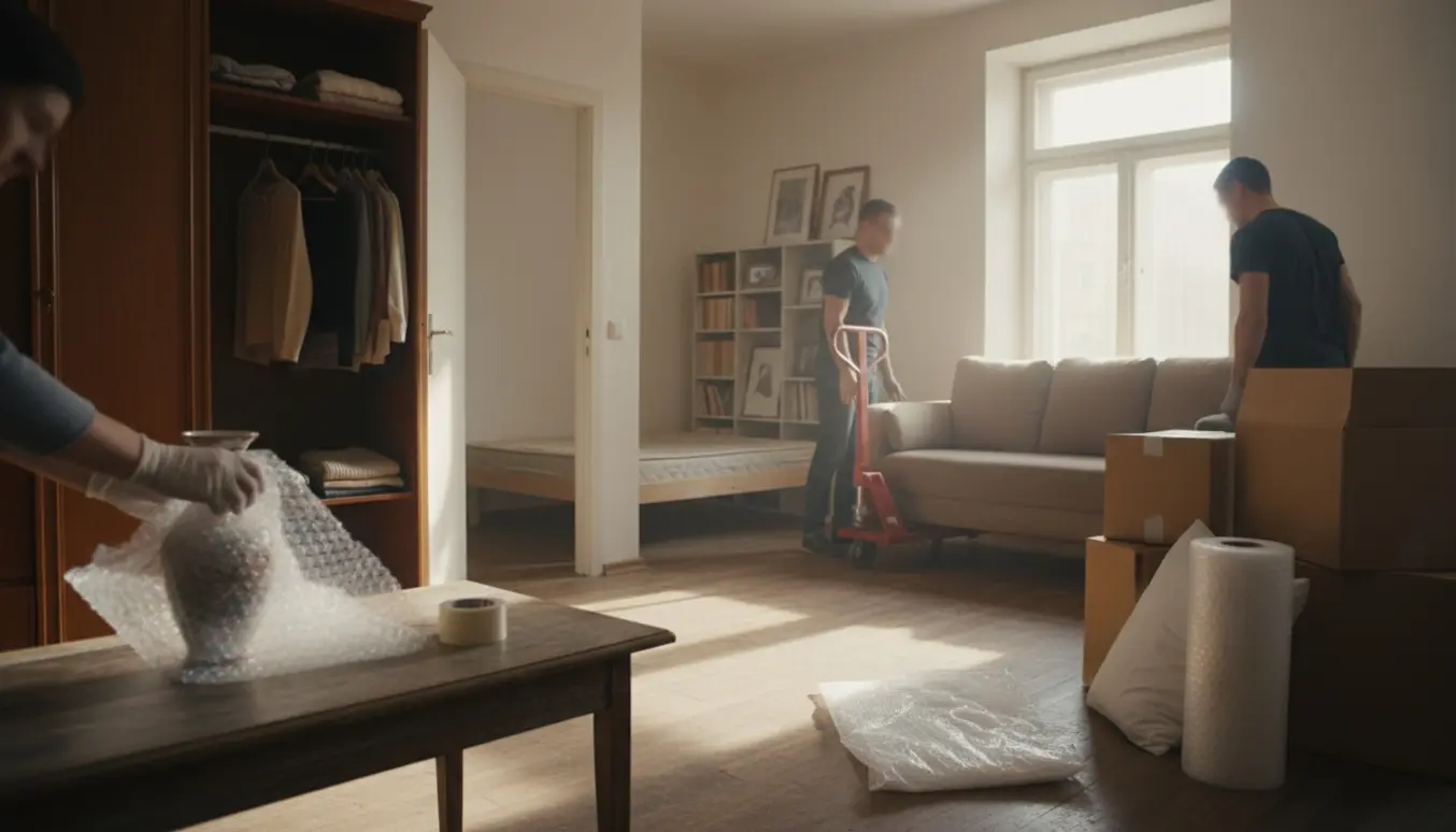 To-værelses lejlighed tømmes efter dødsfald, hænder pakker porselin og flyttekasser er stablet i solen.