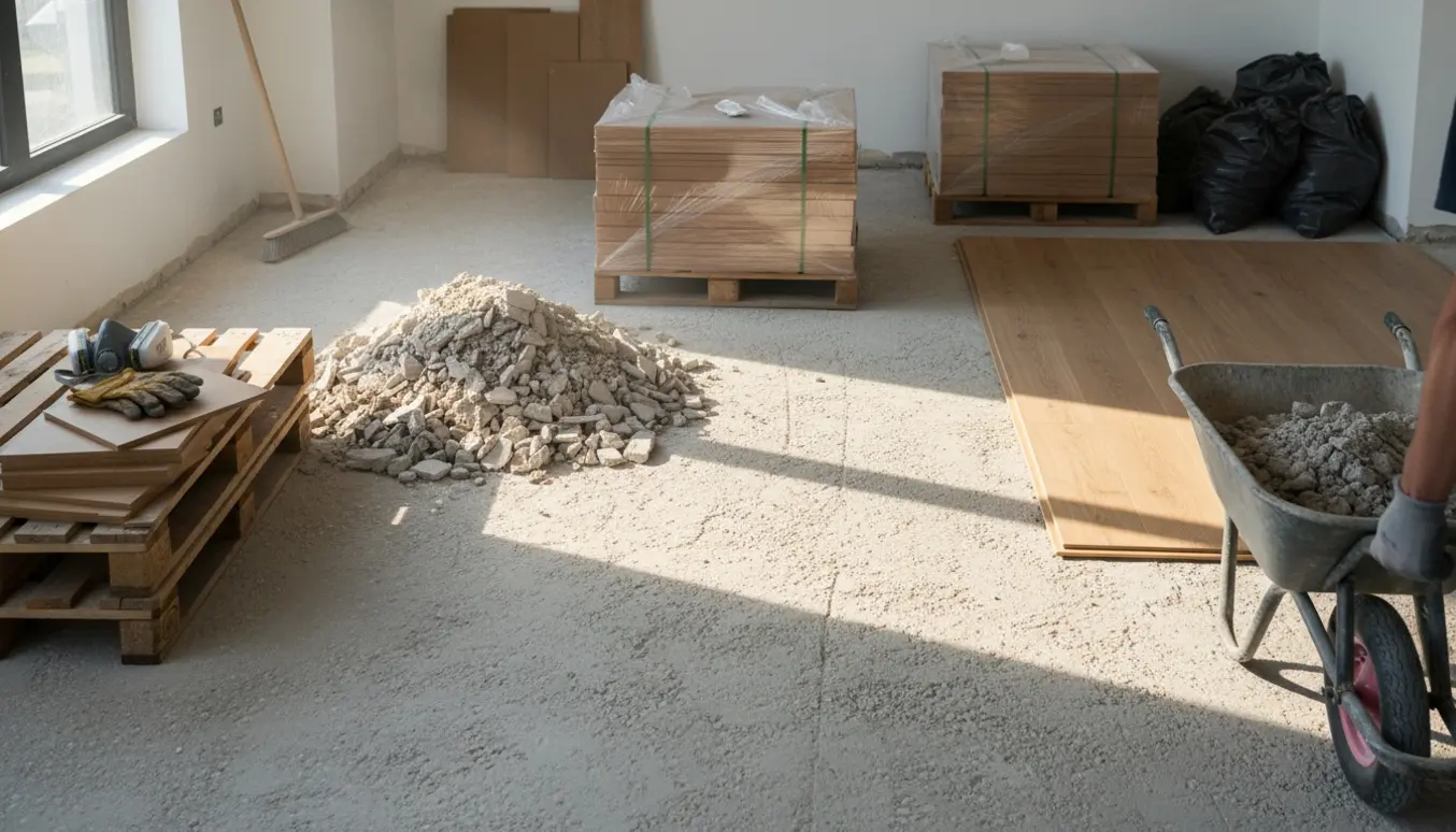 Indendørs renovering med fjernet gulv, bunker af beton, paller og pakkemateriale klar til bortskaffelse.