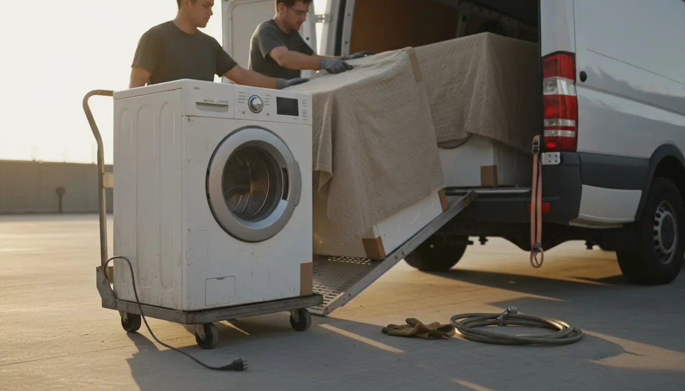Vaskemaskine og tørretumbler bliver båret ind i en varevogn på en rampe med dolly, stropper og flytteudstyr.