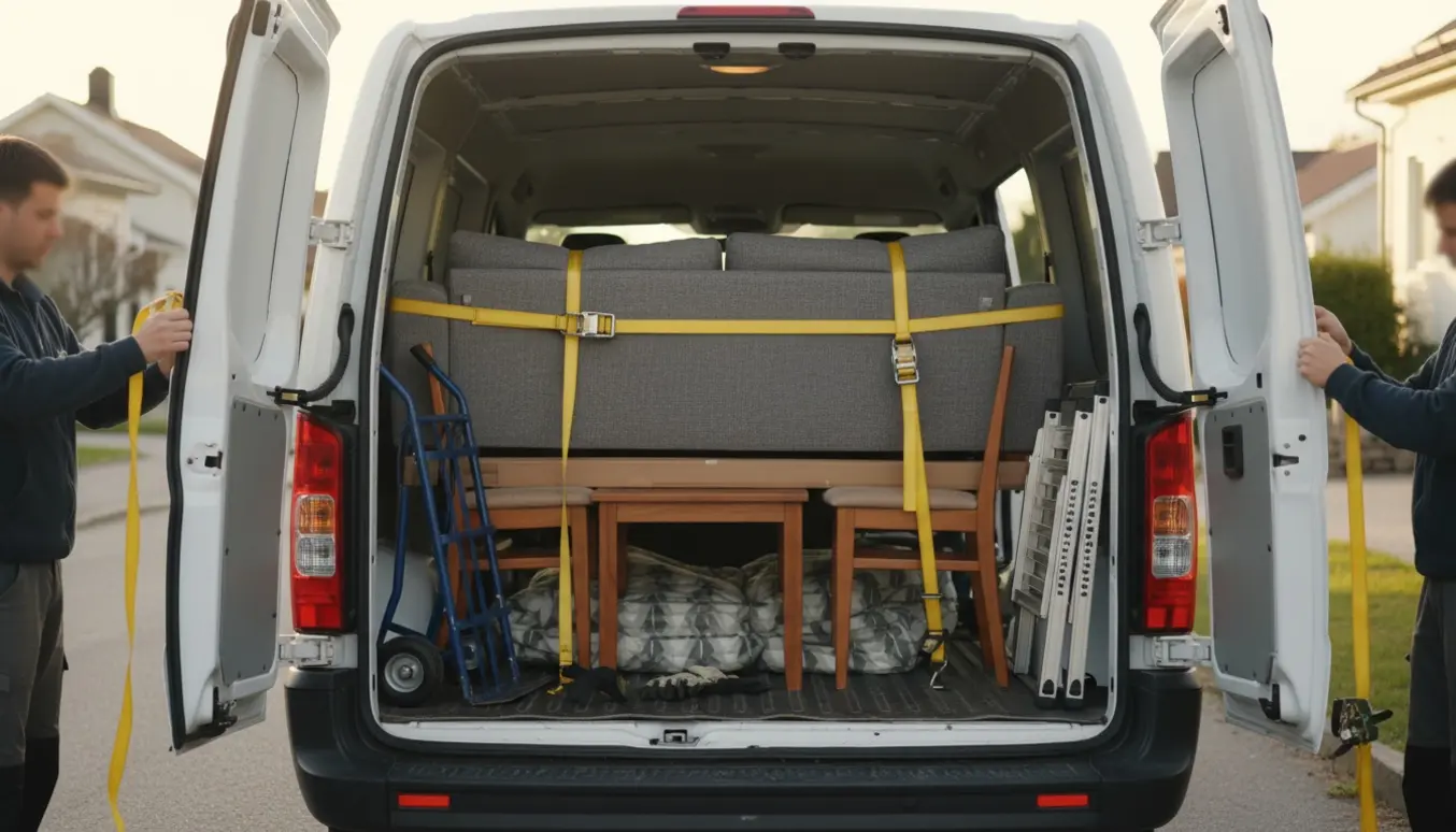 Åben varebil med sofa, sofabord, lille spisebord og to stole sikret med tæpper og stropper på en rolig forstadsgade.