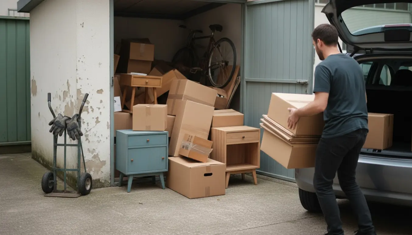 Person bagfra løfter papkasser og små sengeborde ud af et cykelskur klar til genbrugspladsen.