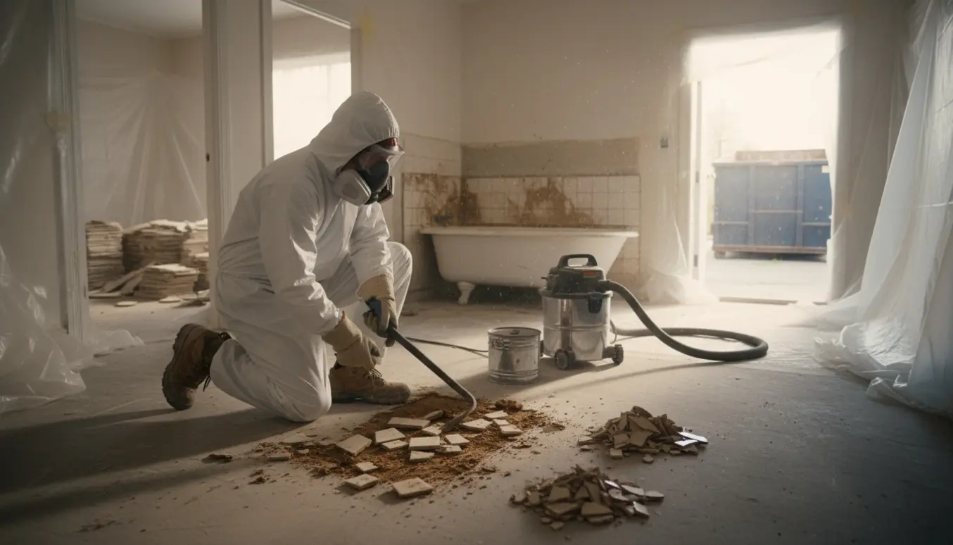 Arbejder i beskyttelsesdragt fjerner fliser og fliseklæb i flere sammenhængende rum, med opsamlede flisestykker og støvinddæmning.