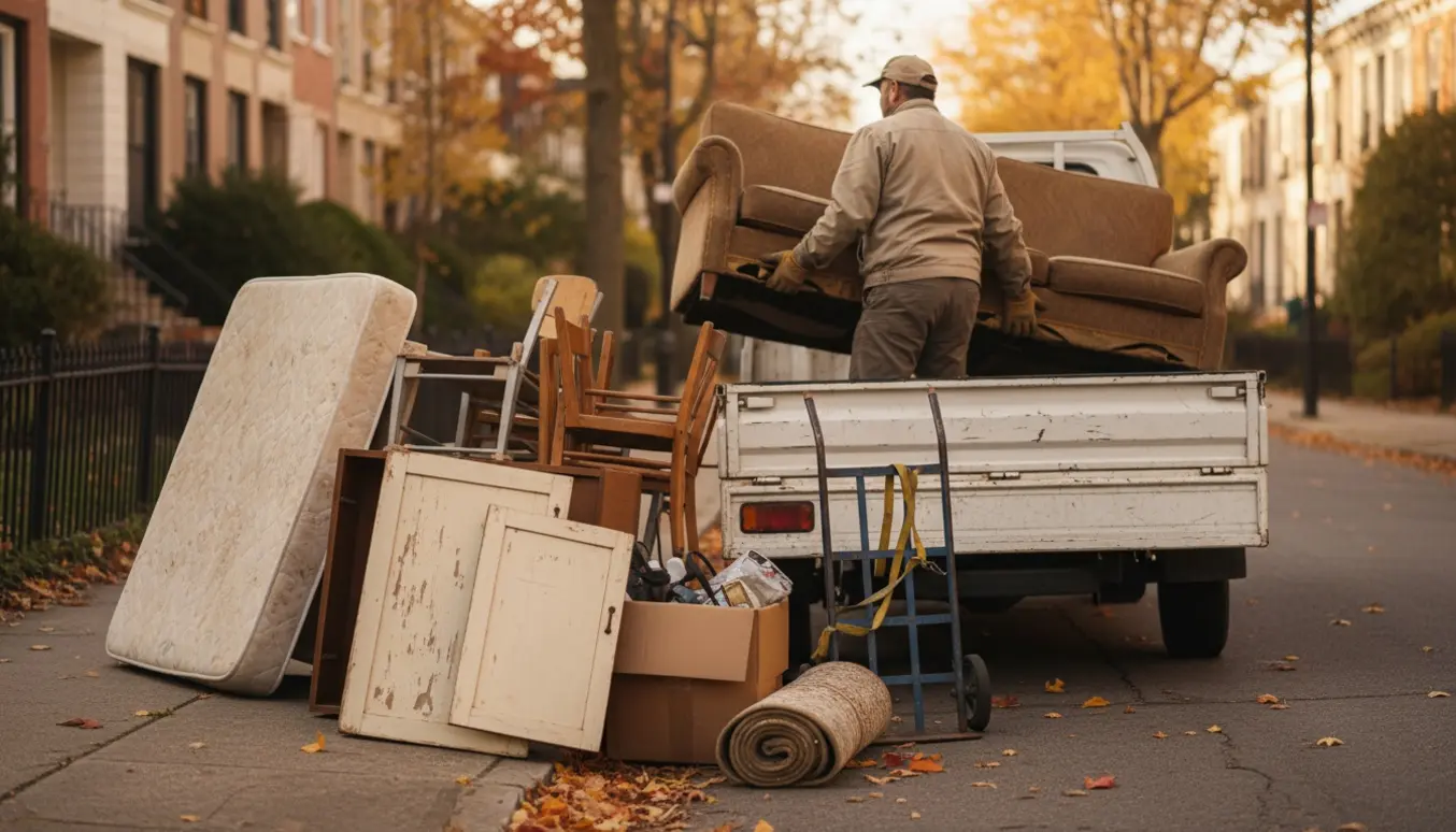 Storskrald ved fortovet foran rækkehuse, en arbejder læsser en sofa på en lille lastbil.
