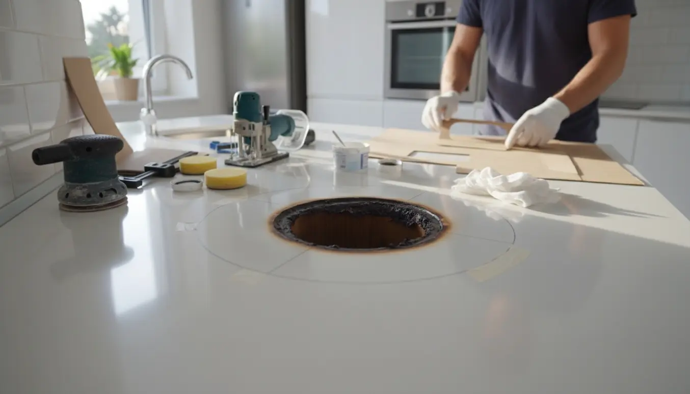 Hvid højglans køkkenbordplade med et rundt brændemærke og værktøj klar til reparation.