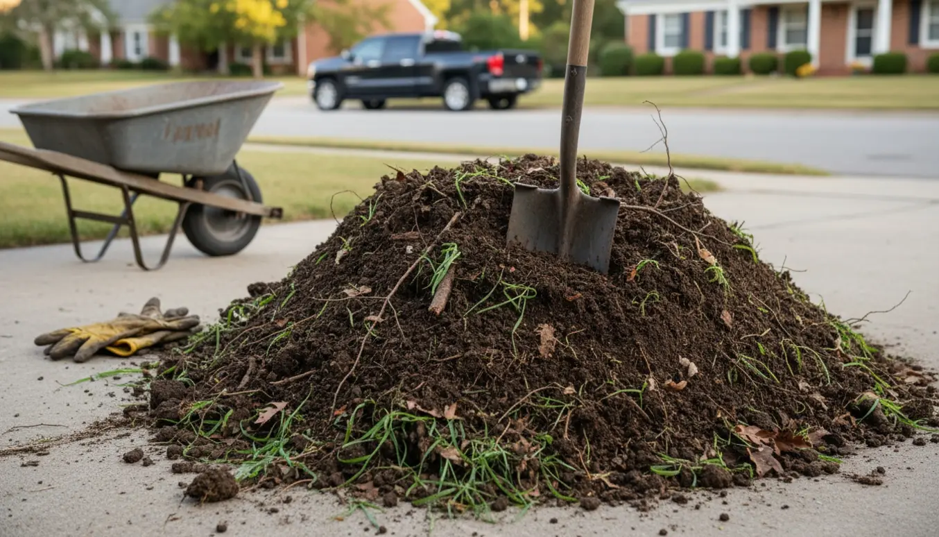 En pæn bunke jord med lidt haveaffald ved indkørslen klar til afhentning.