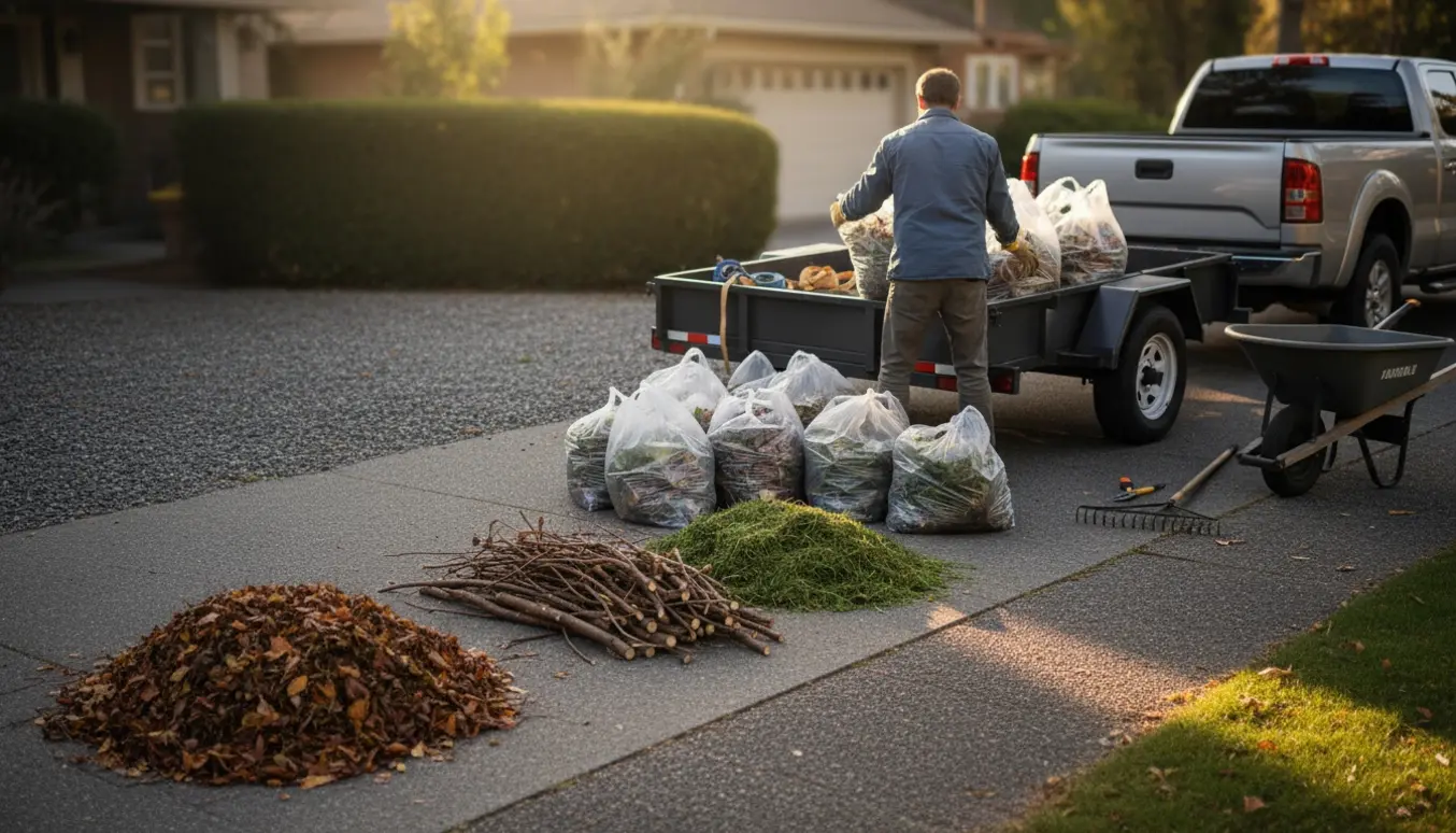 Åben trailer ved indkørsel med tre bunker haveaffald og ti gennemsigtige sække, klar til kørsel til genbrugsstationen.