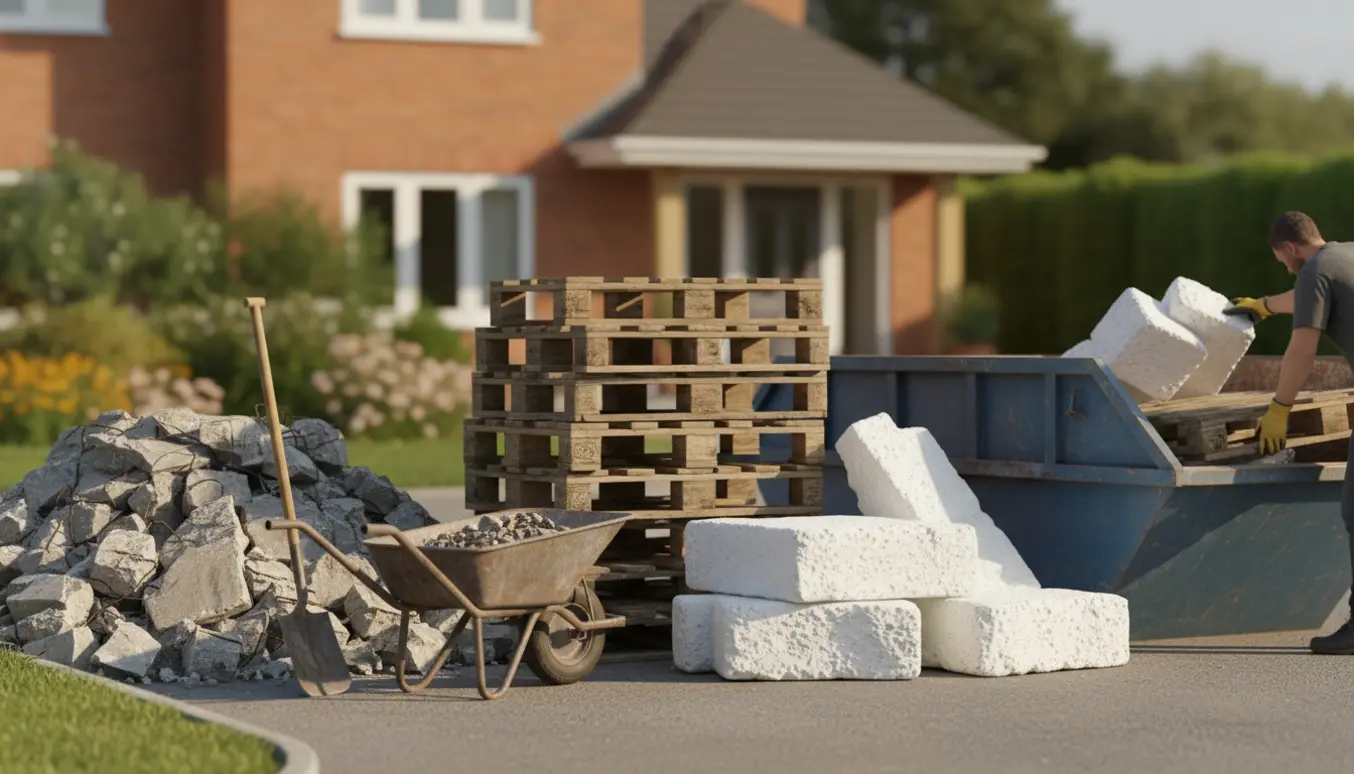 Bunker af sten, stabler af paller og klumper af flamingo klar til bortskaffelse i indkørsel.