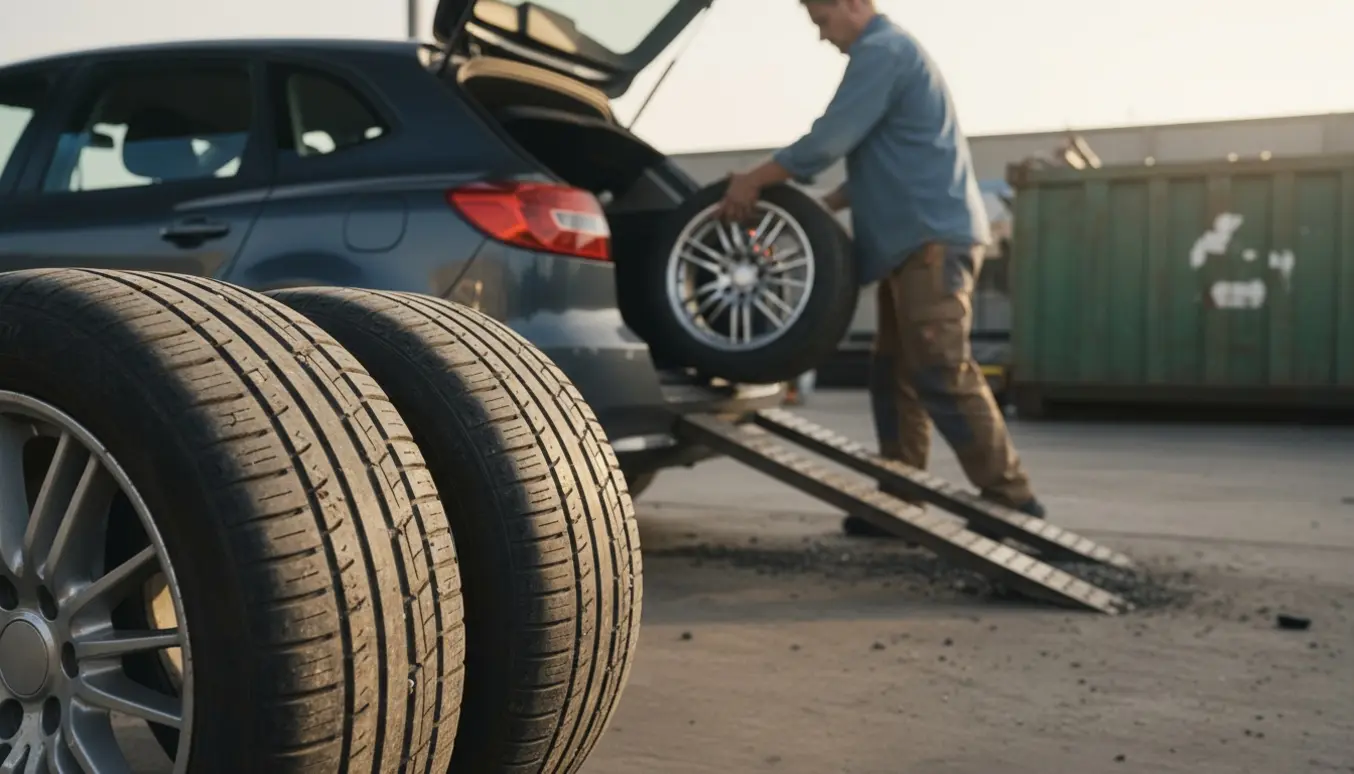Fire dæk stablet i bagagerummet ved en genbrugsplads, klar til aflevering.