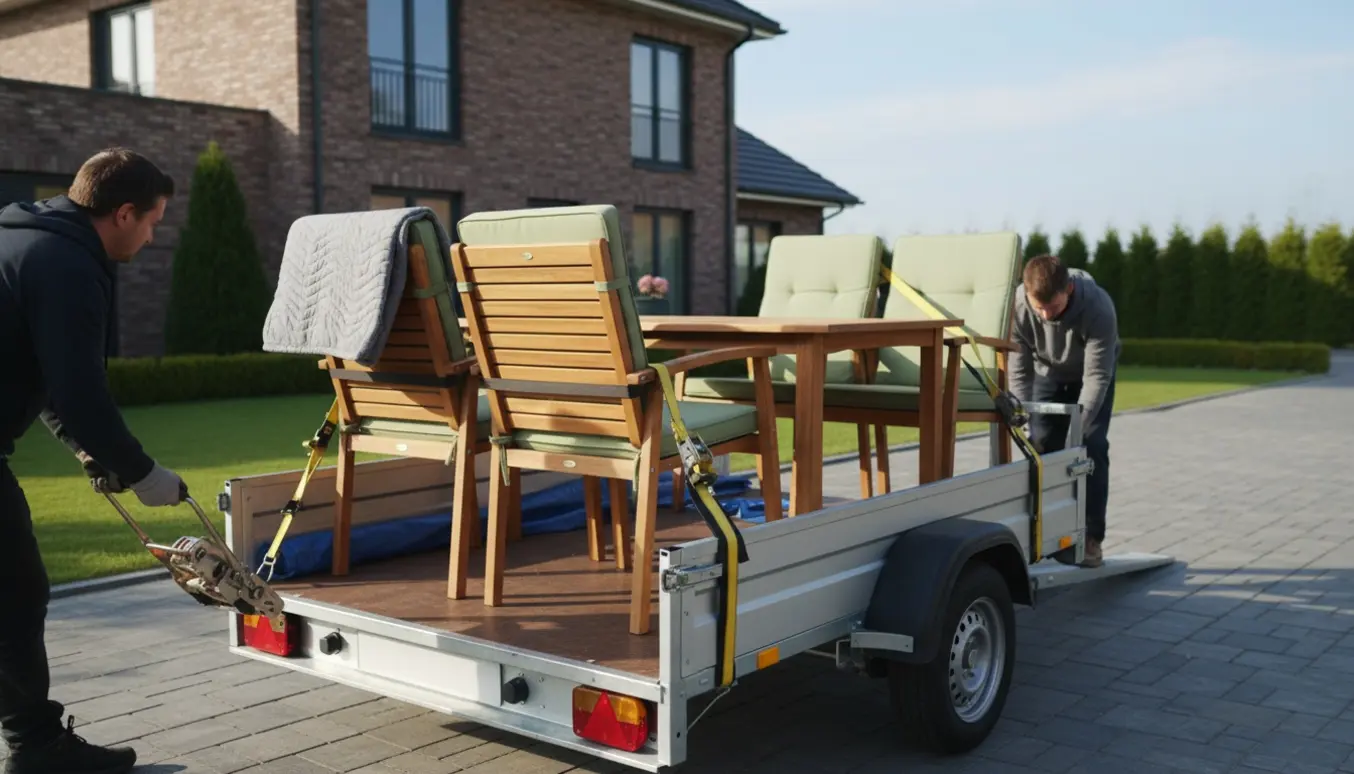 Trailer på indkørsel med et havebord og fire havestole, der bliver læsset og spændt fast.