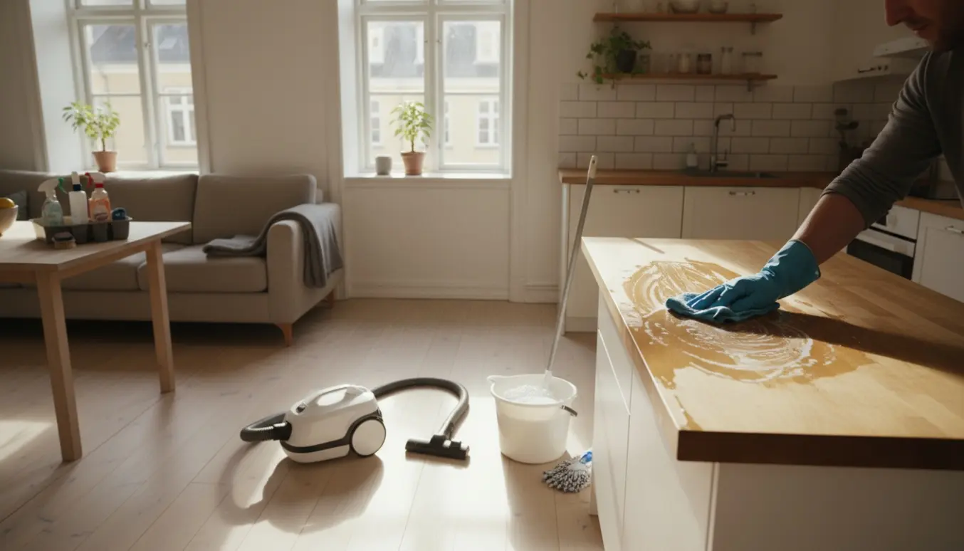 Lys Nørrebro-lejlighed under hovedrengøring med støvsuger, moppe og en person set bagfra.