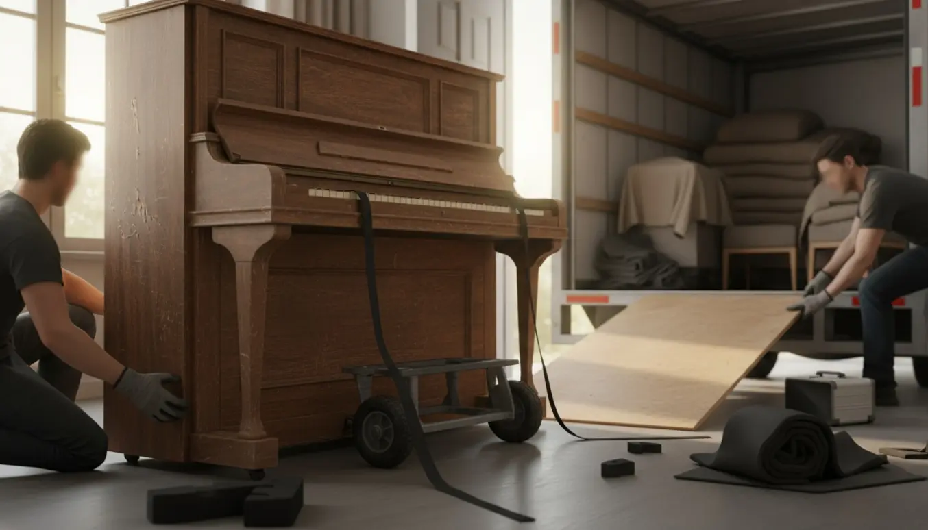 Et gammelt opretstående klaver pakkes og løftes på dolly i døråbningen klar til afhentning.
