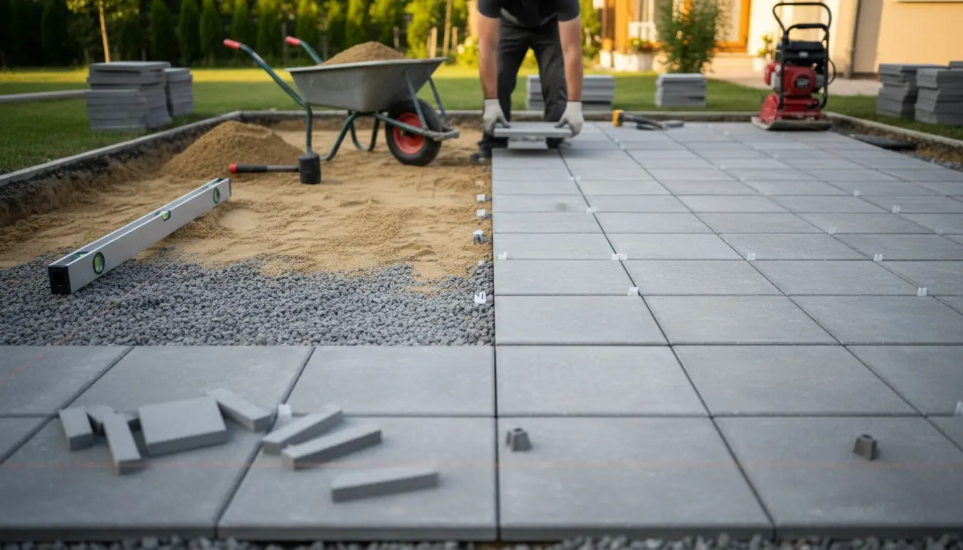 Partielt færdig terrasse med 50x50 cm fliser, værktøj og materialer i naturligt lys.