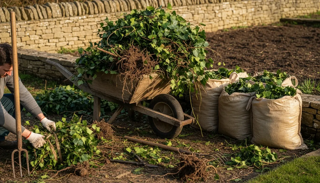 Trillebør og sække fyldt med afklippet vedbend og rødder ved en have, klar til bortkørsel.