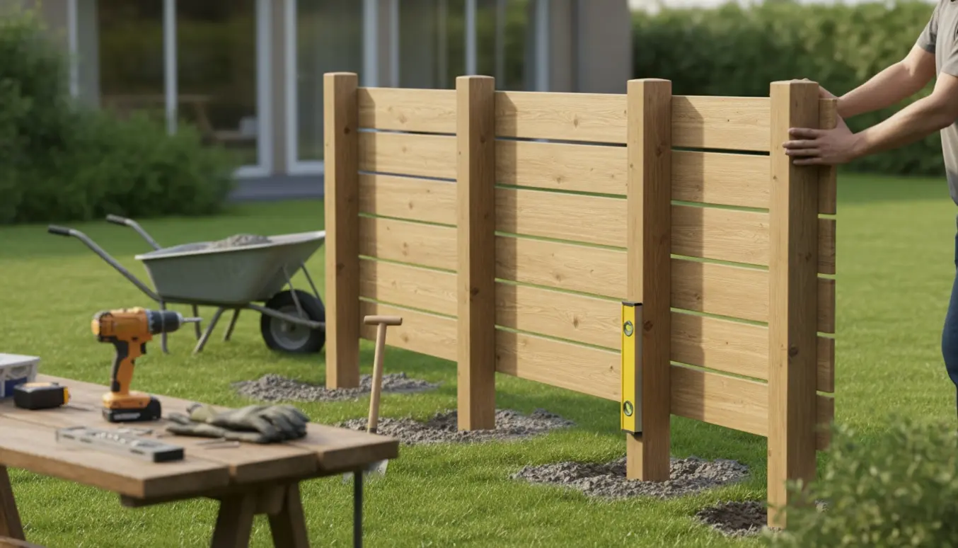 Opsætning af et 360x180 cm lamelhegn med tre stolper i en baghave, værktøj og hænder i arbejdet.