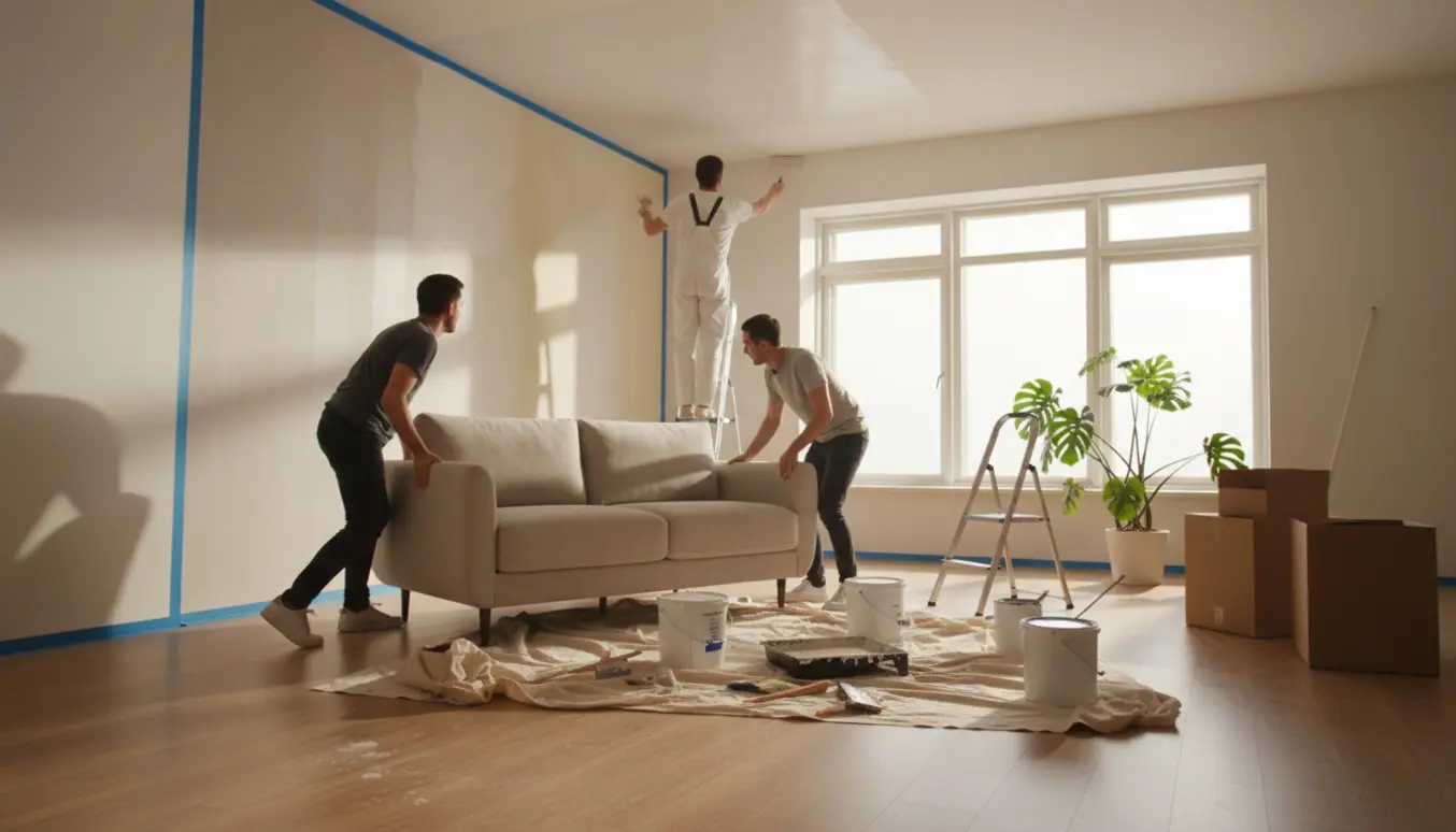 Indendørs scene med flytning og malerarbejde, hvor møbler flyttes og en person maler loftet med rulle.
