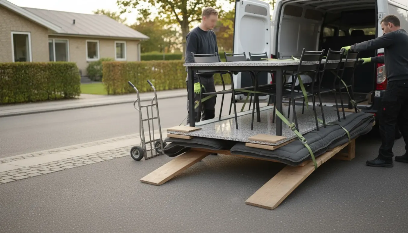 Et granit-havebord og seks metalstole bliver sikret i en varevogn på en indkørsel.