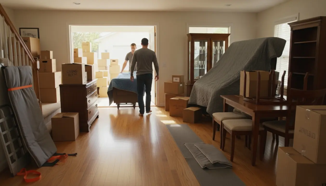 To flyttefolk bærer møbler fra en stue mod en åben carport, omgivet af stabler af flyttekasser og møbler dækket af flyttetæpper.