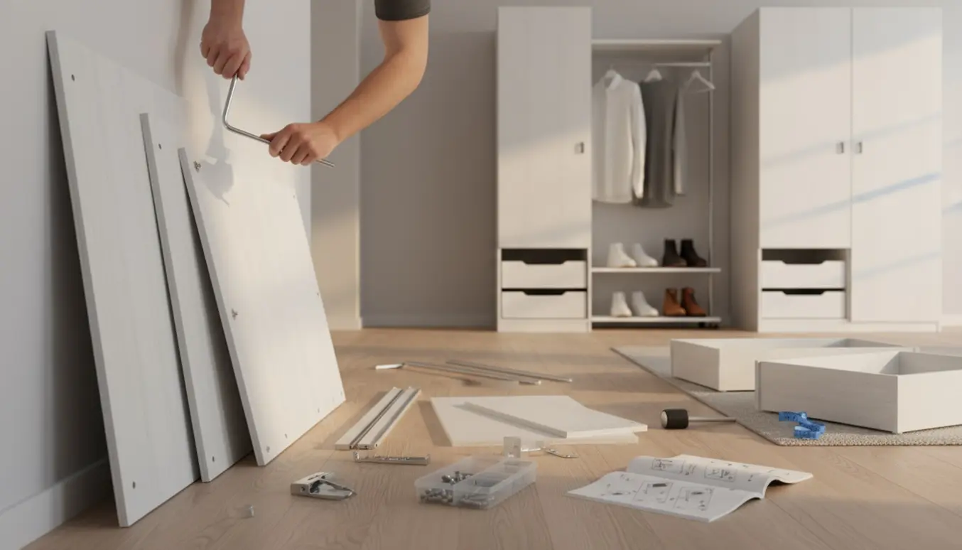 Hænder samler et hvidt PAX-garderobeskab med værktøj og monteringsdele i et lyst soveværelse.