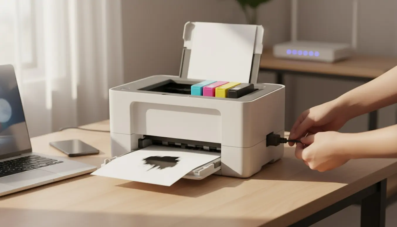 Hænder fejlsøger en kompakt hvid inkjetprinter på et hjemmekontor ved at frakoble strømkablet.