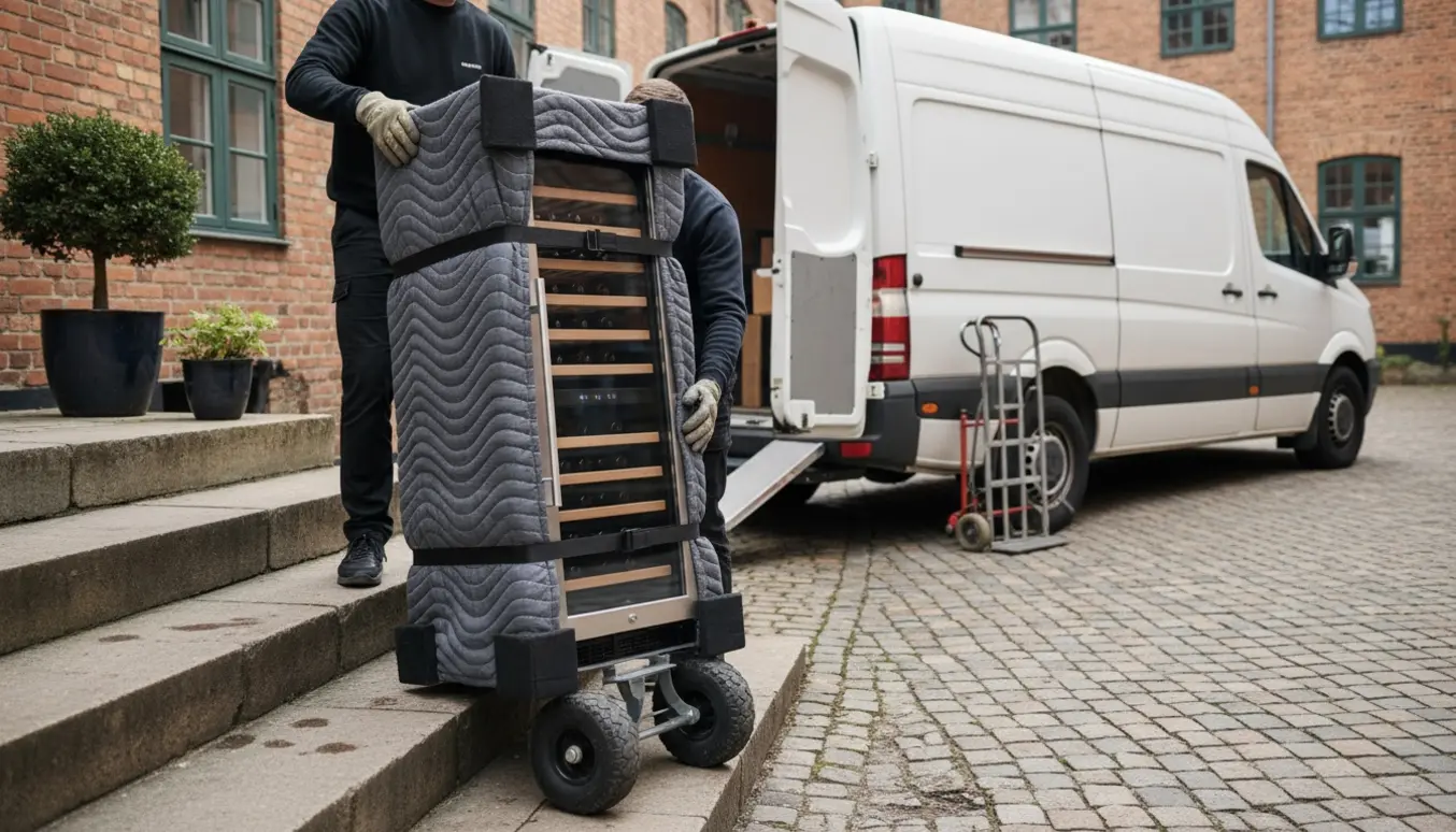 To hjælpere bærer et indpakket, højt vinkøleskab ned ad en lille stentrappe mod en åben varebil i en dansk gårdhave.