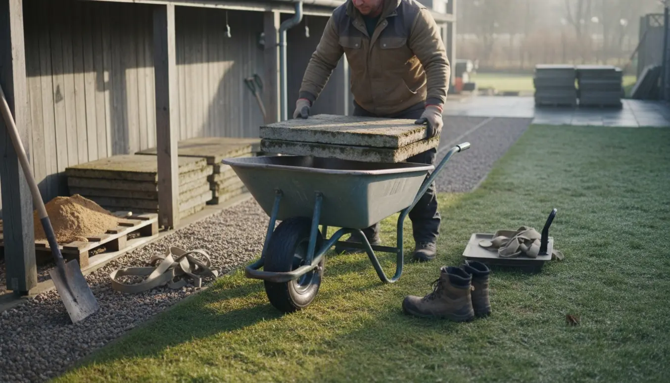 En håndværker læsser store terrassefliser i en trillebør i baghaven og stabler dem pænt under udhænget.