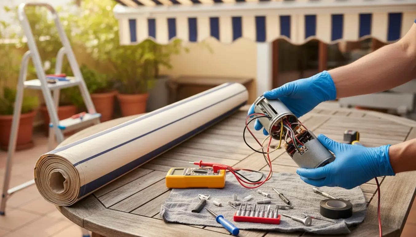 Hænder i handsker inspicerer en åben markisemotor med ledninger og værktøj på en solbeskinnet terrasse.