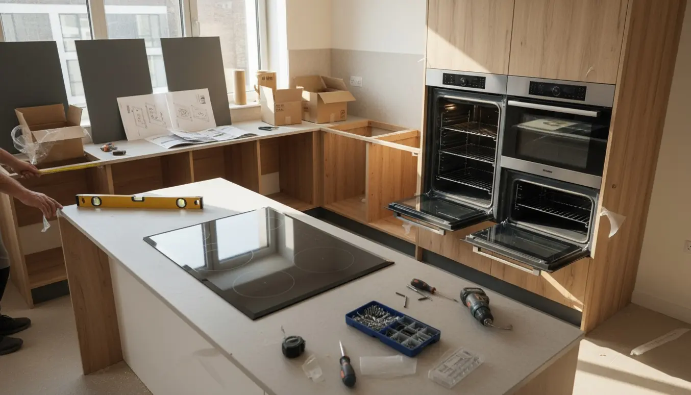 U-formet køkken under montering med nedfældet kogeplade, indbygget dobbeltovn og værktøj på arbejdsfladen.