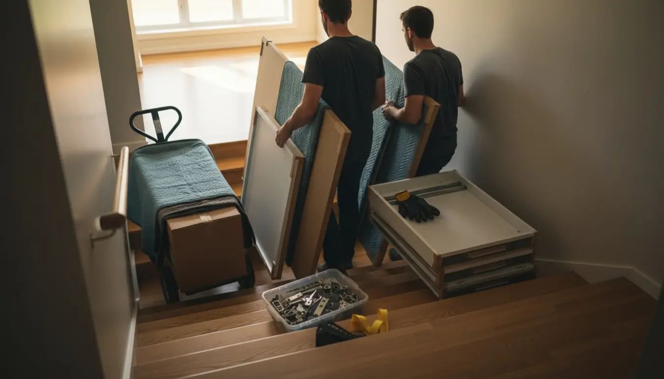 Køkkenelementer og plader bæres op ad en trappe fra kælderen mod første sal med flyttetæpper og værktøj.