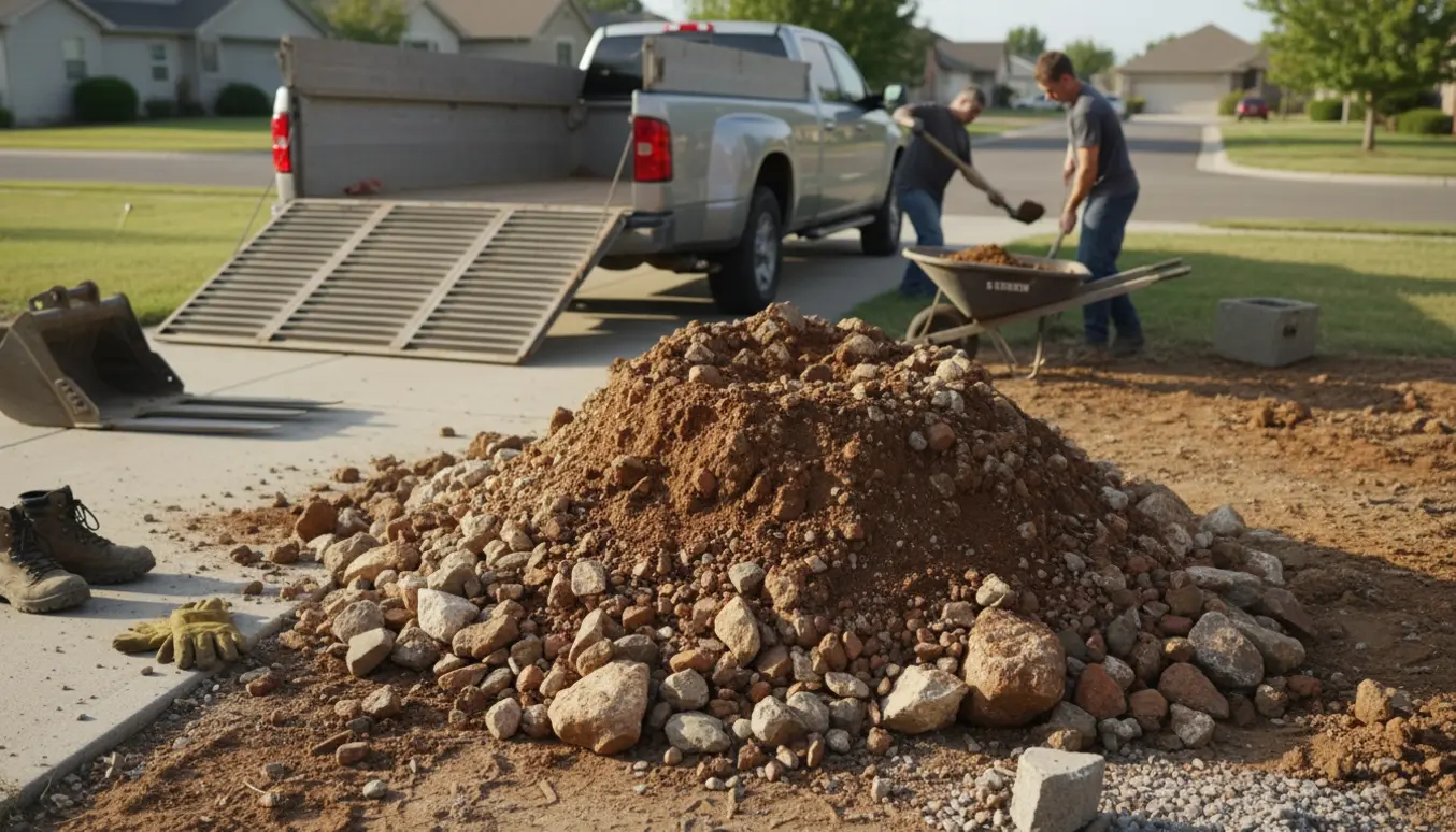Bunke af jord og sten ved indkørsel klar til at blive læsset på trailer med skovle og trillebør i forgrunden.