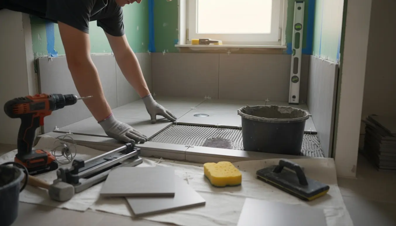 Nærbillede af en håndværkers hænder, der lægger fliser i en lille brusekabine med fliseklæb og værktøj.