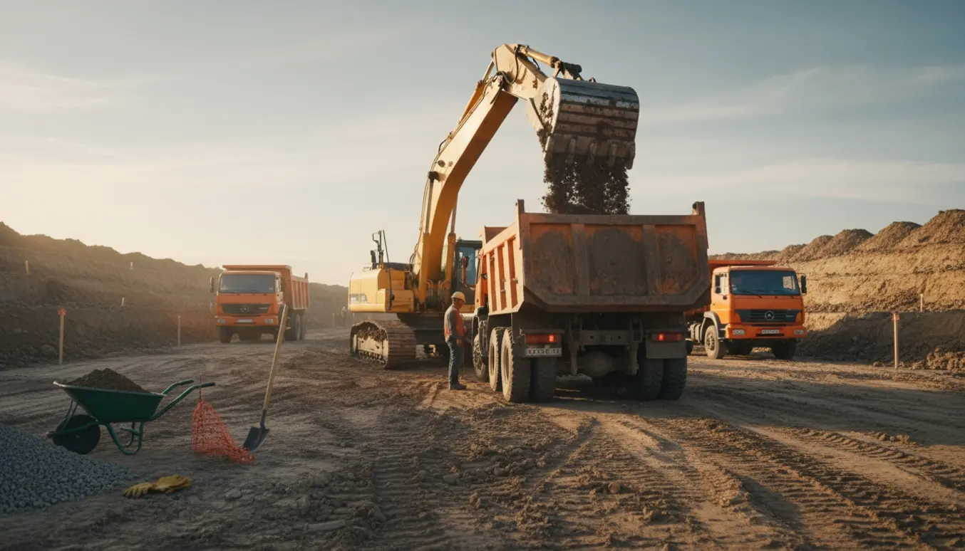 Gravemaskine læsser jord i tipvogne på en byggeplads under blødt eftermiddagssolskin.