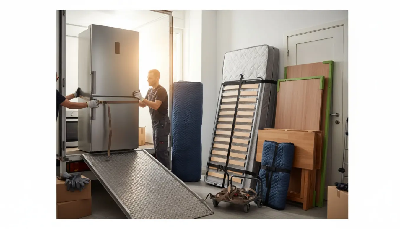 To personer laster et højt køleskab på en flyttebilrampe med gasovn, sammenklappeligt bord og seng pakket i baggrunden.