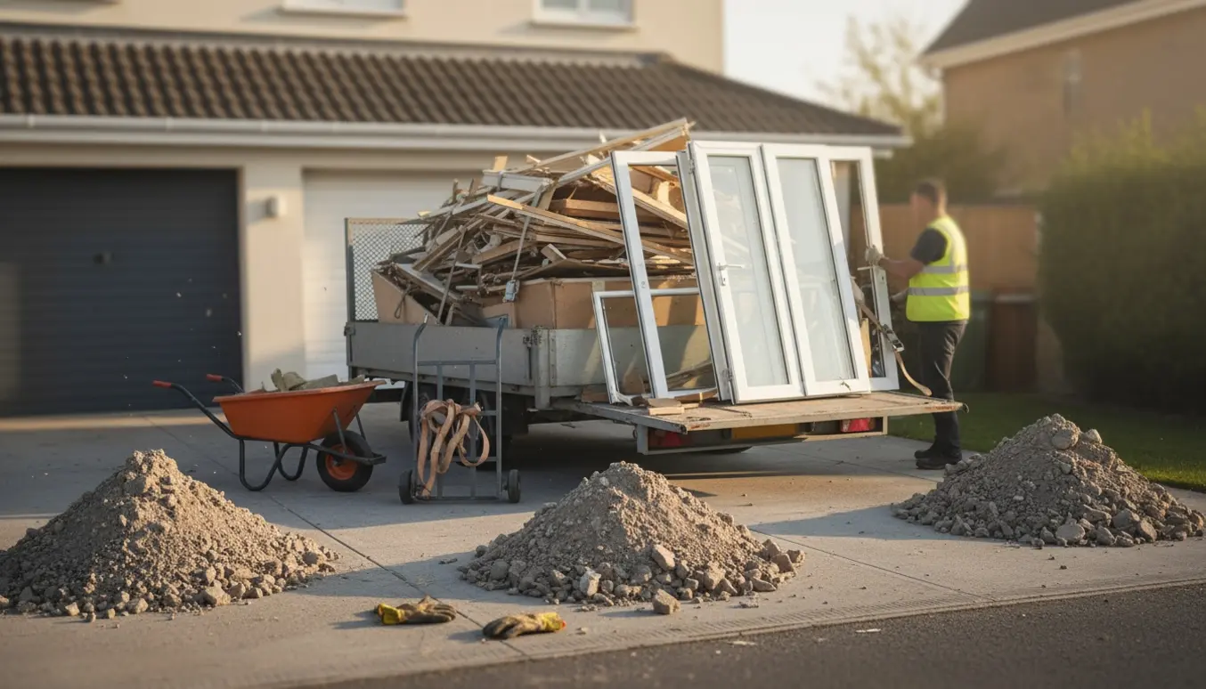 Indkørsel med trailer fyldt med nedrivningsaffald og fire døre stablet klar til afhentning.