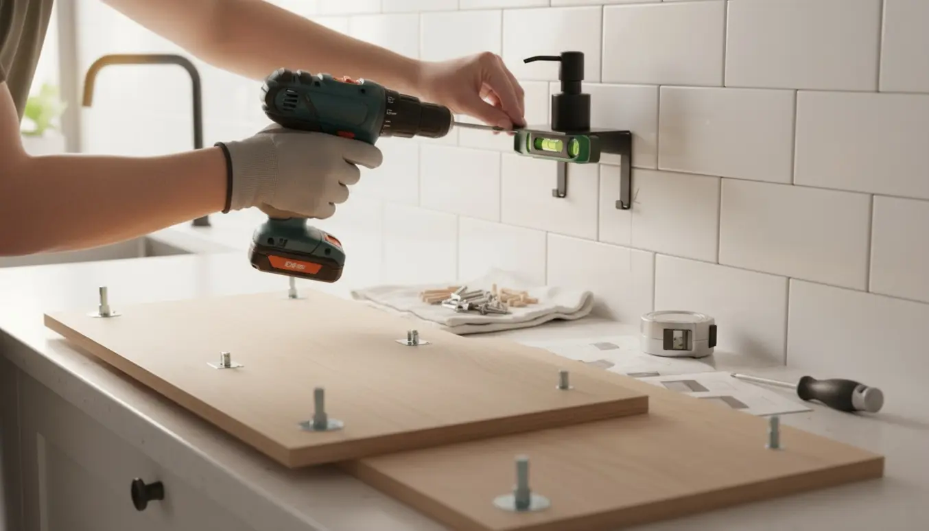 Hænder samler et fritstående skoskab og monterer en vægmonteret sæbedispenser i et lyst køkken med en boremaskine.