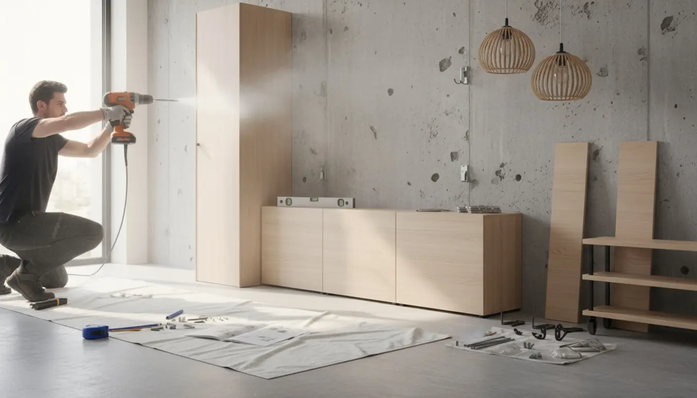 En hånd monterer et fladpakket garderobeskab og flere væghængte skoskabe på en rå betonvæg med boremaskine og værktøj i nærheden.