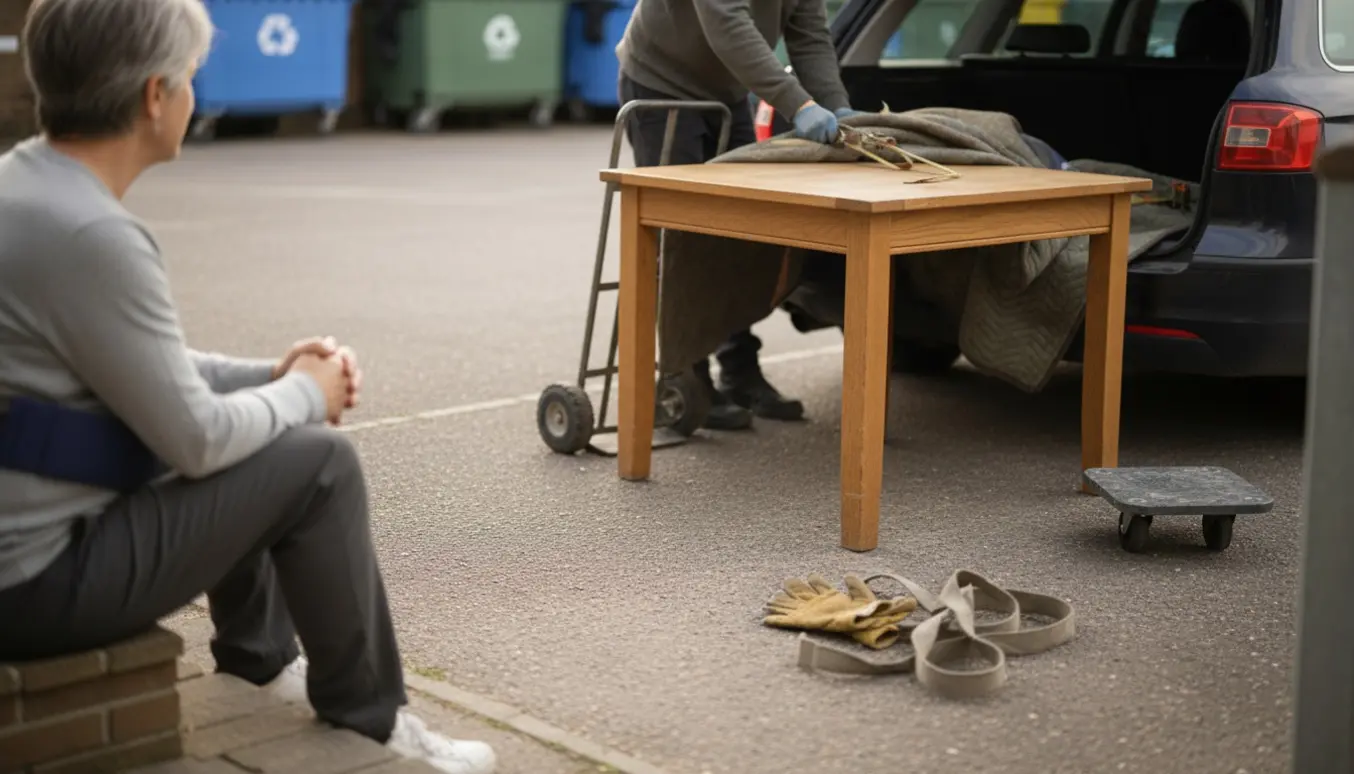 Sofabord læsses i en stationcar ved en genbrugsstation med flyttegeredskaber i fokus.