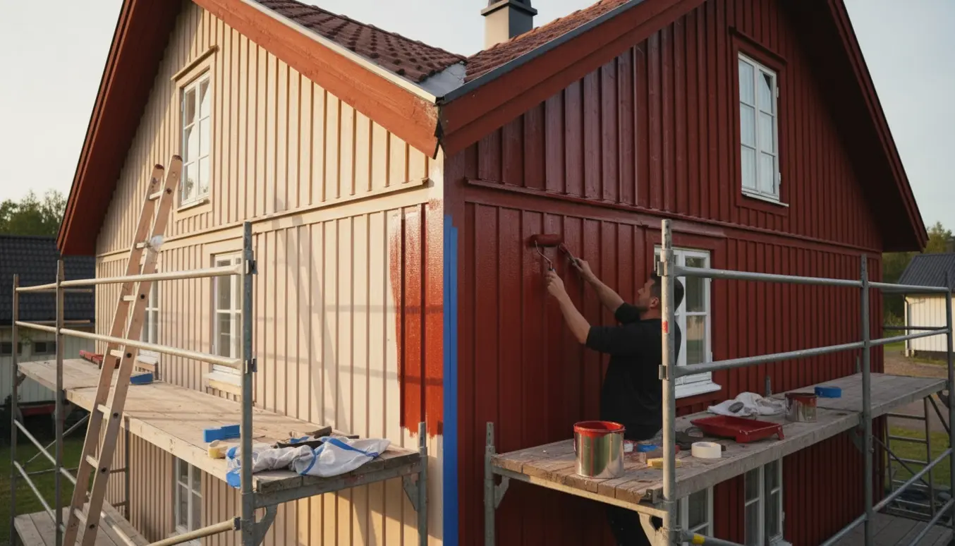 Husgavl i Svenskrød, hvor træbeskyttelse påføres med rulle og pensel.