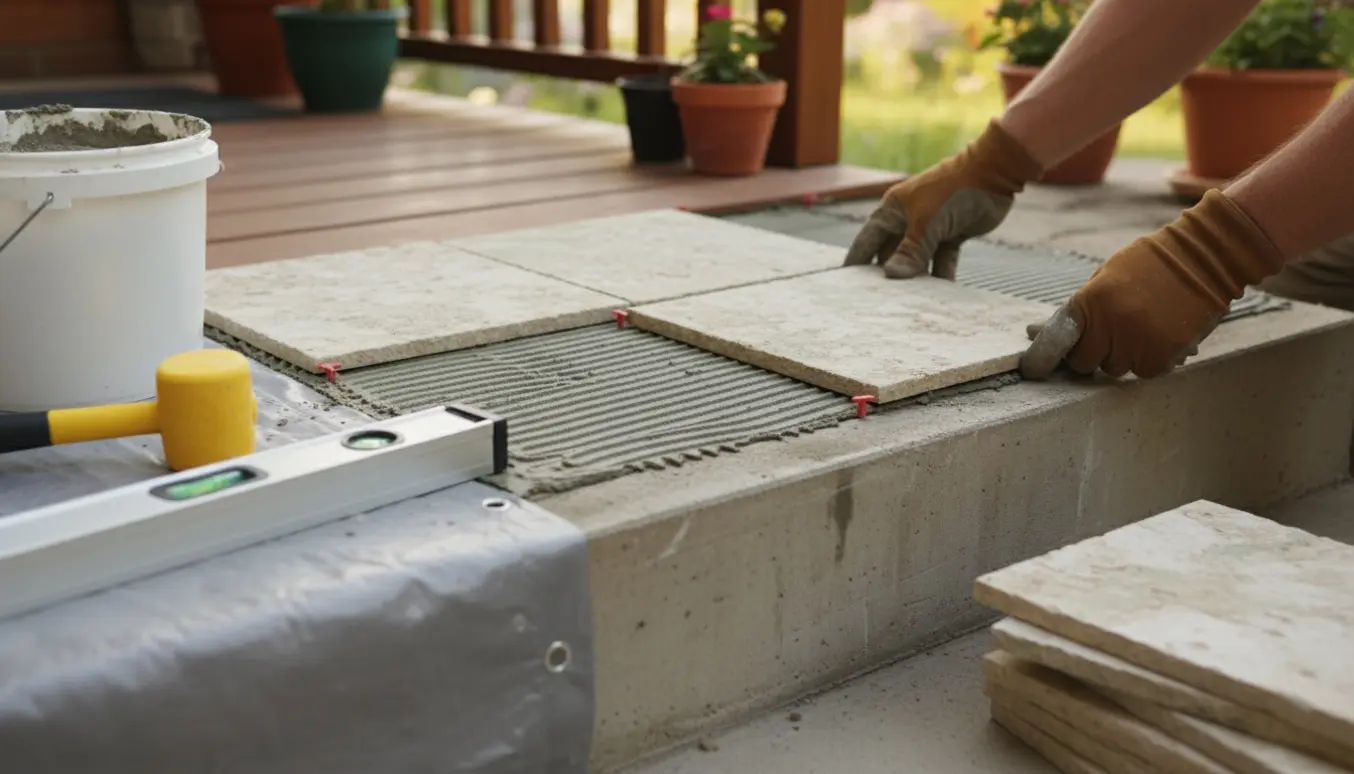 Nærbillede af omlægning af fliser på to små udendørs trapper med mørtel og værktøj.