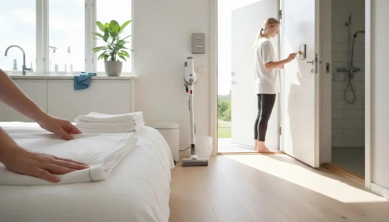 Hænder skifter sengetøj og afleverer en nøgle i en lille metal nøgleboks i en lys Airbnb-lejlighed.