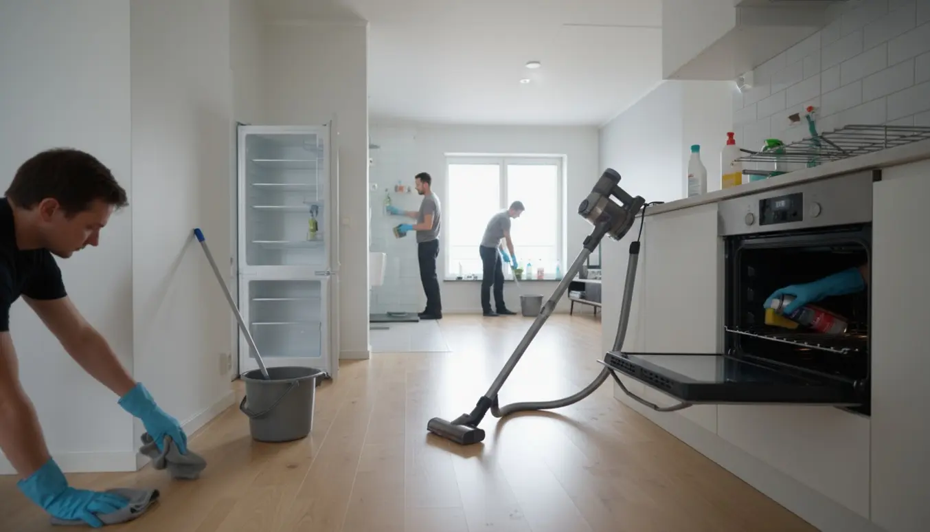 Hænder gør grundig fraflytningsrengøring i en lys lejlighed med støvsuger, moppe, afkalker og klude.